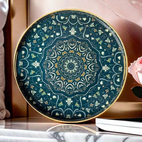 Round Serving Tray with Handles - Large Round Ottoman Tray Coffee Table Tray,Plastic Decorative Trays for Coffee