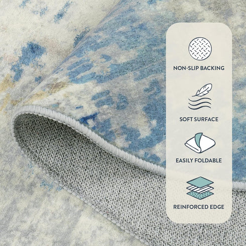 4Ft, 4x4 Lahome Modern Abstract Round Rug Blue Washable Front Door Mat Soft Circle Rug for Entryway Bedroom Non Slip
