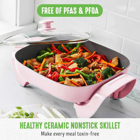 GreenLife 12" 5QT Square Electric Skillet – Glass Vented Lid, Ceramic PFAS-Free Nonstick, Adjustable Temperature