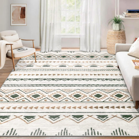 3x5 Green,3'x5') Area Rug Geometric Rug: Washable Boho Moroccan Rugs Soft Farmhouse Rug, Modern Neutral Stain Resistant