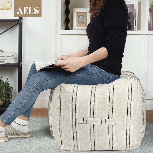 18"x18"x18", AELS Unstuffed Farmhouse Pouf Cover for Living Room, Boho Storage Bean Bag Cubes, Beige with Black Stitch