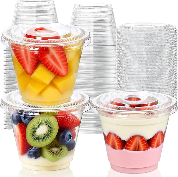 50 Packs 9oz Disposable Dessert Cups with Lids No Hole, Clear Plastic