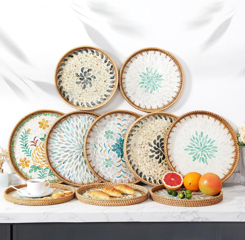 14" Terrekraft Large Rattan Serving Tray with Mother of Pearl, Round Coffee Table Tray Decor, Boho Decorative