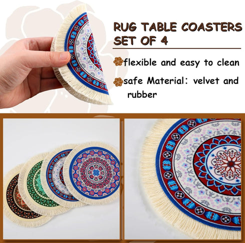4 Pieces Rug Table Coasters, Oriental Design Fabric Drink Holders for Home Office, Round, Fresh Pattern