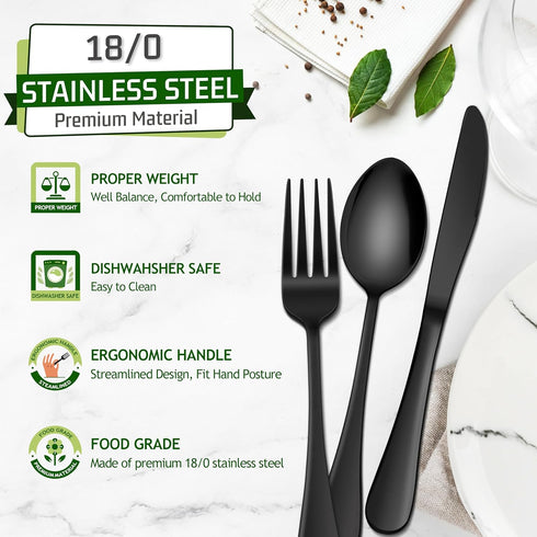 HaWare 24-Piece Black Silverware Set - Stainless Steel Cutlery Set for 4, Includes Knives, Forks, Spoons