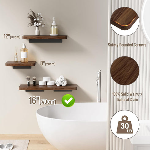 16 inch Danpoo Solid Walnut Floating Shelf - Large, Heavy Duty Wall Shelf for Kitchen, Living Room, Bathroom, Built
