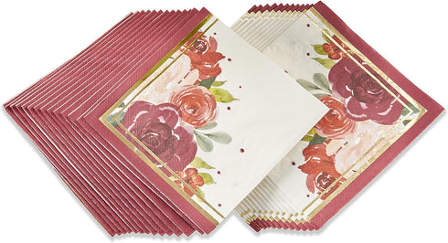 Kate Aspen Burgundy Blush Floral Paper Napkins - Thick Decorative Dinner Napkins for Wedding Reception or Bridal