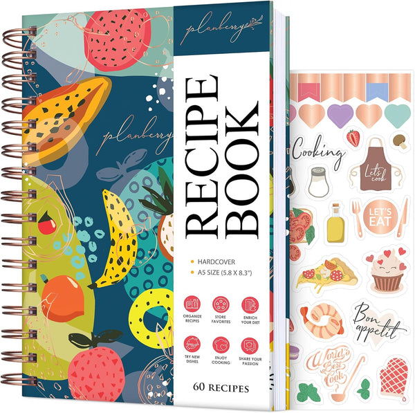 PLANBERRY Blank Hardcover Recipe Book – Empty Cookbook Journal to Fill In Your Own Recipes – 60 Recipes, 6.3”x8.4”