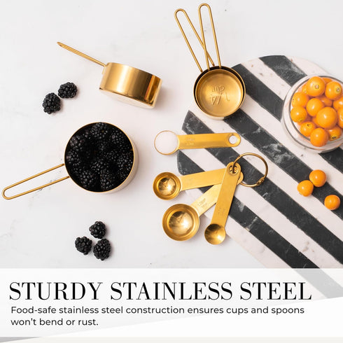 STYLED SETTINGS 8-Piece Gold Measuring Cups and Spoons Set, Stackable Brass Kitchen Accessories for Baking