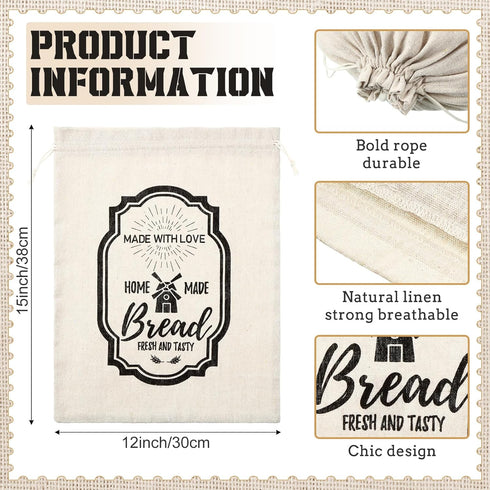 8 Pcs Large Linen Bread Bag for Homemade Bread Reusable Bread Container and Saver Drawstring Bread Storage Bags Unbleached Bread Storage Container Keeper for Bakery 12" x 15" (Stylish Style) by Vesici