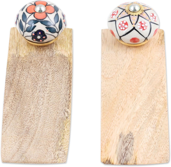 NOVICA Artisan Handmade Wood Door Stoppers, Ceramic Brass in India, Multicolor Decor Accessories, Decorative Hardware