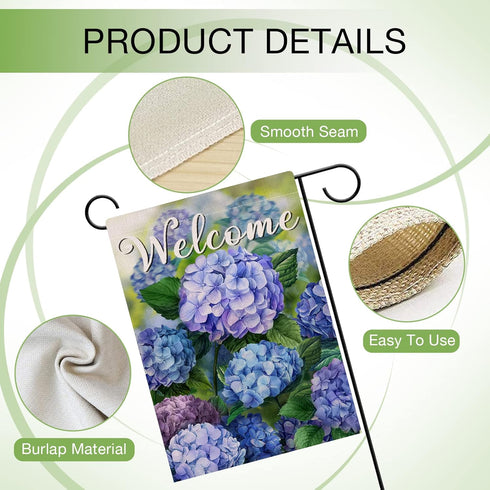 Welcome Spring Floral Flowers Garden Flag, Double Sided Hydrangea Decorative Yard Outdoor Small Decor, 12 x 18