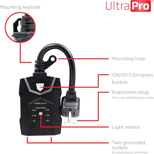 Countdown, 8/6/4/2 Settings, 1 Pack, 70386 UltraPro Outdoor Dusk to Dawn Outlet Timer with Dual Outlet Light Sensor