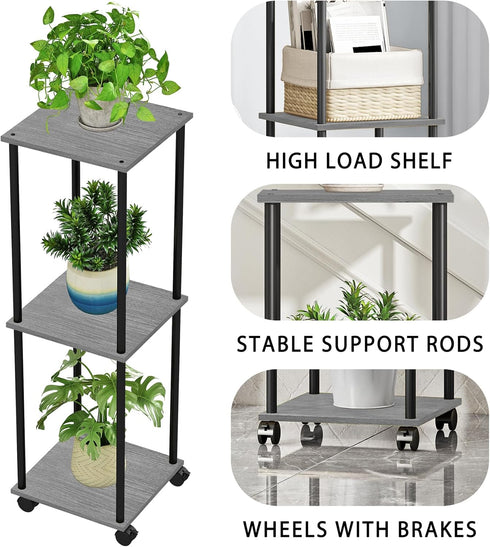 3 HAYOFAMY Tier Tall Plant Stand Indoor with Wheels, Movable Plant Shelf Metal Wood Multiple, Flower Pot Holder