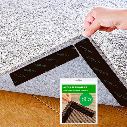 Rug Tape 8 Pcs Non Slip Carpet Gripper for Hardwood Floors, Washable Black Rug Stoppers to Prevent Sliding