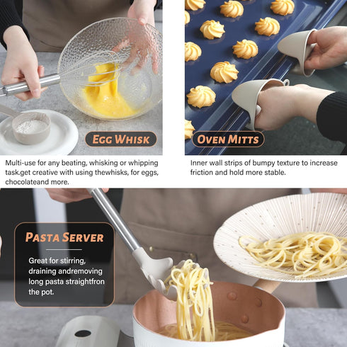 Kitchen Utensils Set 28 pcs, Hvygss Silicone Cooking Utensils with Stainless Steel Handle, Khaki