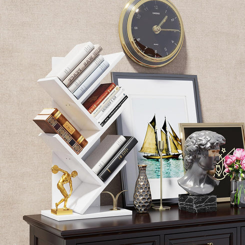 4 UHBC014W YMYNY Tier Tree Bookshelf, Small Bookcase, Modern Wood Book Storage Rack, Freestanding Book Shelf