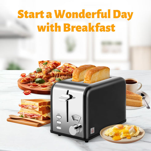 HealSmart 2 Slice Stainless Steel Toaster with Extra Wide Slot, 5 Shade Options, Bagel/Defrost/Cancel Functions, Black
