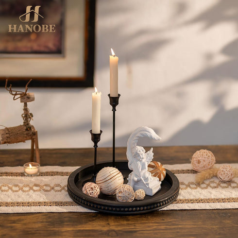 Counter Hanobe Decorative Coffee Table Tray: Modern Farmhouse Beaded Round Tray Decor Rich Dark Brown Circle Wooden