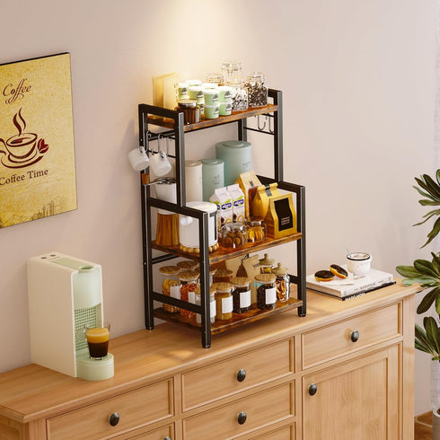 Kitchen Countertop Organizer, 3 Tier Large Spice Rack with Adjustable Shelf and 5 Hooks, Wooden Counter Organizer