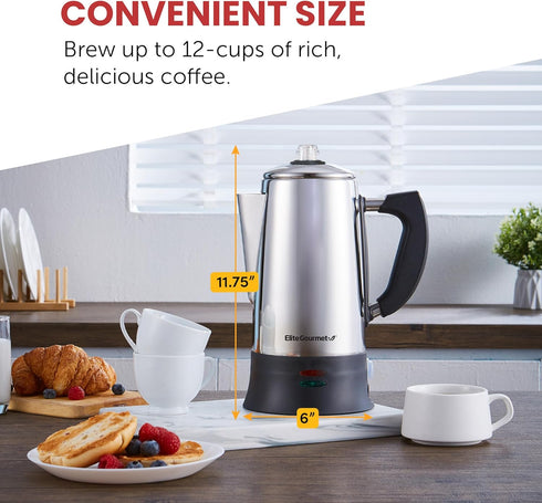 EC923 12-Cup, Elite Gourmet Electric Coffee Percolator, BPA Free, Keep Warm, Clear Brew Progress Knob, Cool-Touch