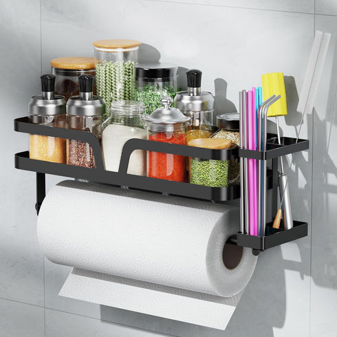 Taozun Paper Towel Holder with Shelf & Side Straw Basket, Black Kitchen