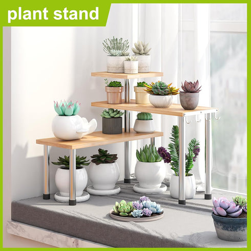 BMOSU Kitchen Corner Shelf Organizer, Adjustable 3 Tier Rack with Hooks for Kitchen Bathroom Counter Storage