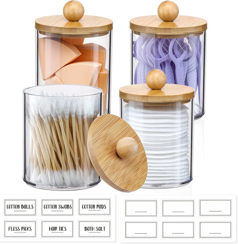 4 Pack Qtip Holder Dispenser with Bamboo Lids - 10 oz Clear Plastic Apothecary Jar Containers for Vanity Makeup Organizer Storage - Bathroom Accessories Set for Cotton Swab, Ball, Pads, Floss by VITEVER