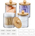 4 Pack Qtip Holder Dispenser with Bamboo Lids - 10 oz Clear Plastic Apothecary Jar Containers for Vanity Makeup Organizer Storage - Bathroom Accessories Set for Cotton Swab, Ball, Pads, Floss by VITEVER