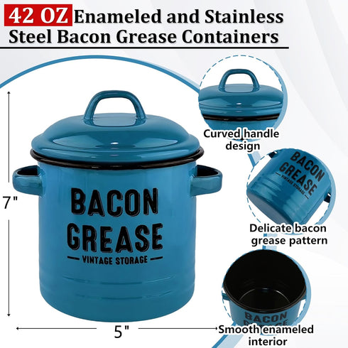 42oz YOKODU Bacon Grease Container with Strainer,Enamel Ceramic Bacon Fat Can for Kitchen Cooking Grease Saver Keeper