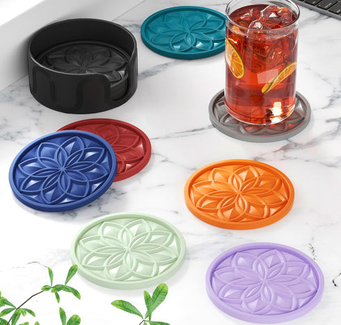 Set 6 Pack HFHOME Silicone Coasters with Holder - Drink Coasters for Coffee Table, Bar, Desk - Tabletop Protection Gift