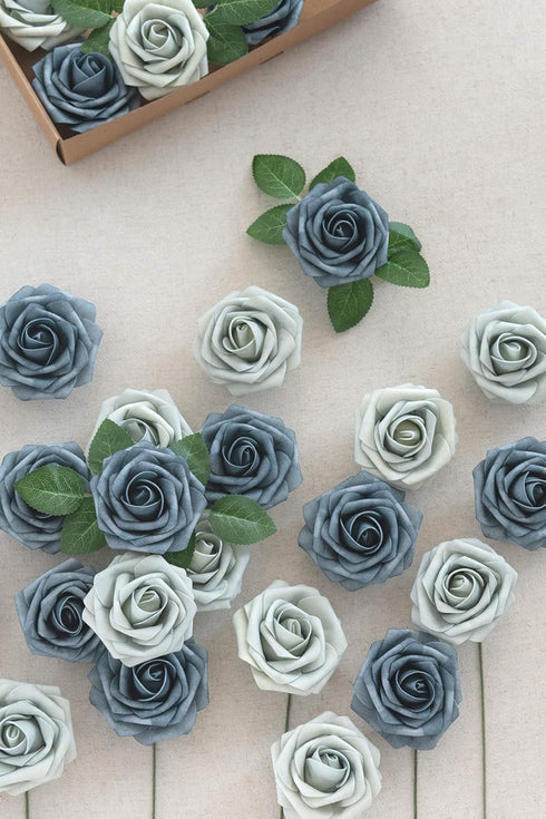 Ling's Moment 50Pcs Artificial Flowers, Dusty Blue & Navy Roses with Stems for Wedding Bouquets & Decor