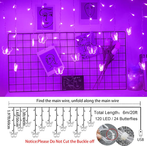 in,120 8 20FT Purple Butterfly Curtain Fairy Lights USB Plug LED Modes Firefly Twinkle Icicle String Lights with Remote