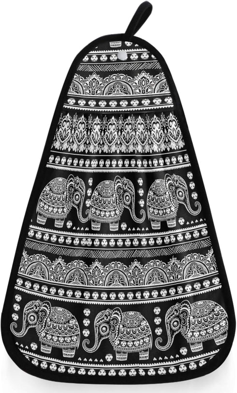 visesunny Bohemian Style Elephant Black Kitchen Dish Towel with Hanging Loop Absorbent Hand