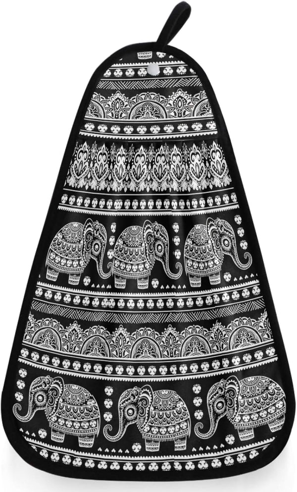 visesunny Bohemian Style Elephant Black Kitchen Dish Towel with Hanging Loop Absorbent Hand