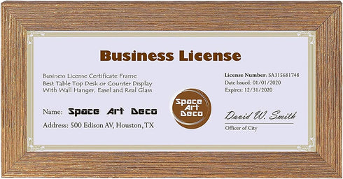 Space Art Deco, 4x9 Gold Textured Frame for Business License/Certificates, Tempered Glass, 1-Pack