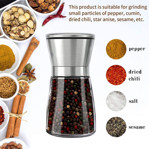 Herda 304 Brushed Stainless Steel Salt and Pepper Grinder - Adjustable Ceramic Shaker, Tall Glass Mill (2Pcs)