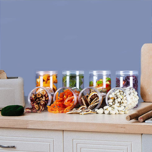 12oz Clear Plastic Storage Jars, 8 Pack Refillable Wide-Mouth Containers for Beauty Products, Kitchen & Household