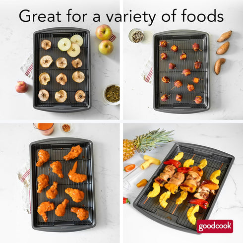 GoodCook 15” x 10.5” Nonstick Carbon Steel Baking Pan & Raised Wire Rack Set for Pizza, Bacon, and Multipurpose Cooking