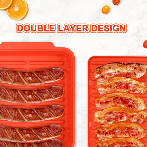 Double Microwave Bacon Cooker/Tray with Splatter Lid, Safe and Easy Clean Kitchen Tool (Red)