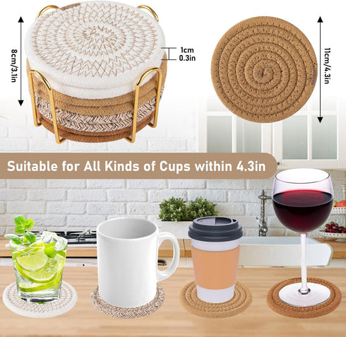 8 Set OIAHOMY Pcs Coasters with Holder for Beer, Coffee, Woven Cotton Coaster for Table Decor for Kitchen, Bar, Dining