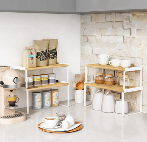 Large Kitchen Cabinet Organizer Shelf Set of 4 - White Stackable Countertop Organizer for Spices, Plates (Bamboo Wood)