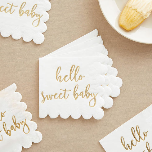 50 Pack White Scalloped Napkins 5x5 Inch with Gold Foil Hello Sweet Baby - Gender Neutral Baby Shower Table Decor for