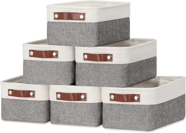 DULLEMELO Small Storage Baskets 6 Pack, Fabric Collapsible Gift Baskets for Home and Office Organizing, White & Grey