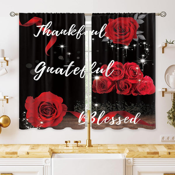 Red Rose Flower Small Kitchen Curtains, Floral Inspirational Quotes Window Treatment 27.5x39 Inch