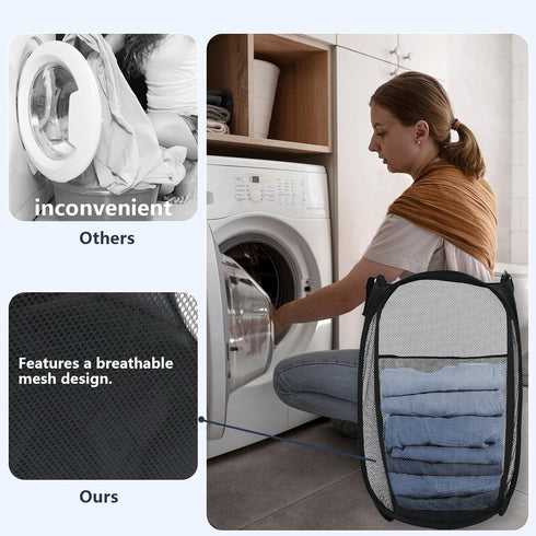 Pop Up Hamper, Mesh Popup Laundry Basket, Collapsible Foldable Hamper for Travel and Storage (Black)