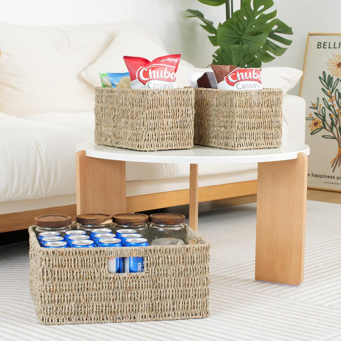 JS HOME Set of 3 Seagrass Wicker Baskets, Large and Small Organizing Baskets with Built-in Handles, Shelf Organizer
