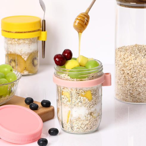 KAIZHOUZHOU 16oz (Pink-2Pcs) Glass Mason Overnight Oats Jars, Cereal, Yogurt, Salad Lunch,Glass Overnight Oats