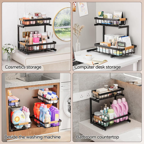 2 Pack 2 (13.2" 17.2") ADBIU Under Sink Organizer, Tier Expandable Height - Pull out Kitchen Bathroom Cabinet