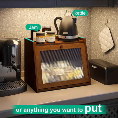 kiplant Counter, Large Bread Box for Kitchen Brown Bamboo Bread Storage Container with Wavy Arcylic Transparent Door